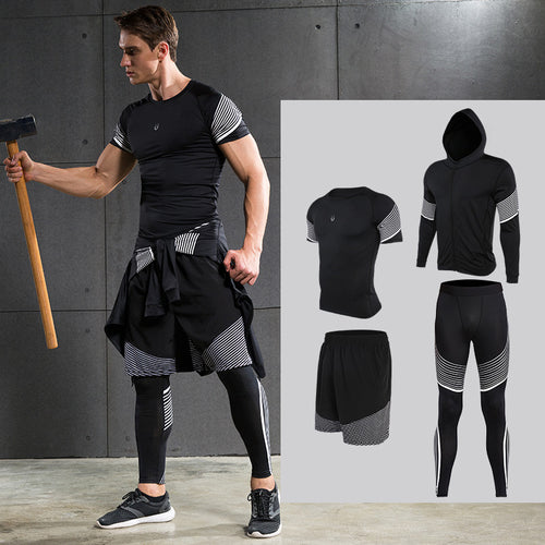 Men's Compression Running Suits Sports Set Four Equipments Shirt Jackets Shorts and Leggings for Joggers Gym Fitness Tights Sets